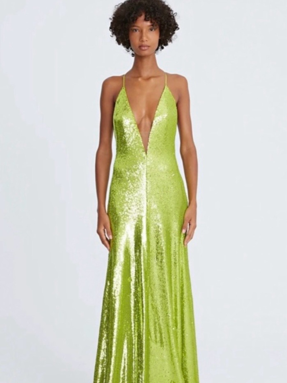 Halston Lime Green Sequin Plunge Halter Gown